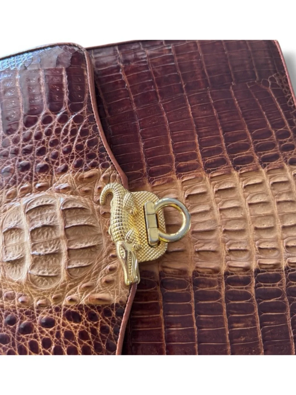 Vintage Genuine Crocodile Two-Tone Brown Top Handle Satchel Gold-Tone Hardware